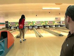 Bella loosing her ass at bowling to Jayla Foxx, this guy takes off her shorts, bents her over and licks out her asshole