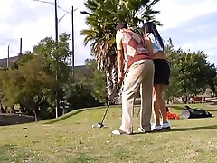 Why teach her how to play golf when she can play with something that she's already used with. The hawt brunette milf leaves the golf cross and takes this guy's hard cock instead. She gives him a few sucks and then goes on top to ride the guy like a fucking whore! See how deep she takes it while rubbing her clitoris?