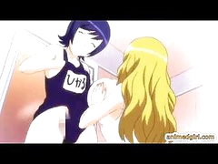 Swimsuit hentai lady-boy gets titjob by breasty anime