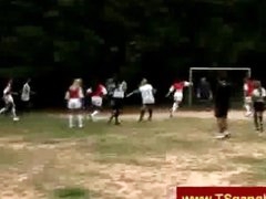Soccer playing t-girls overrule keeper